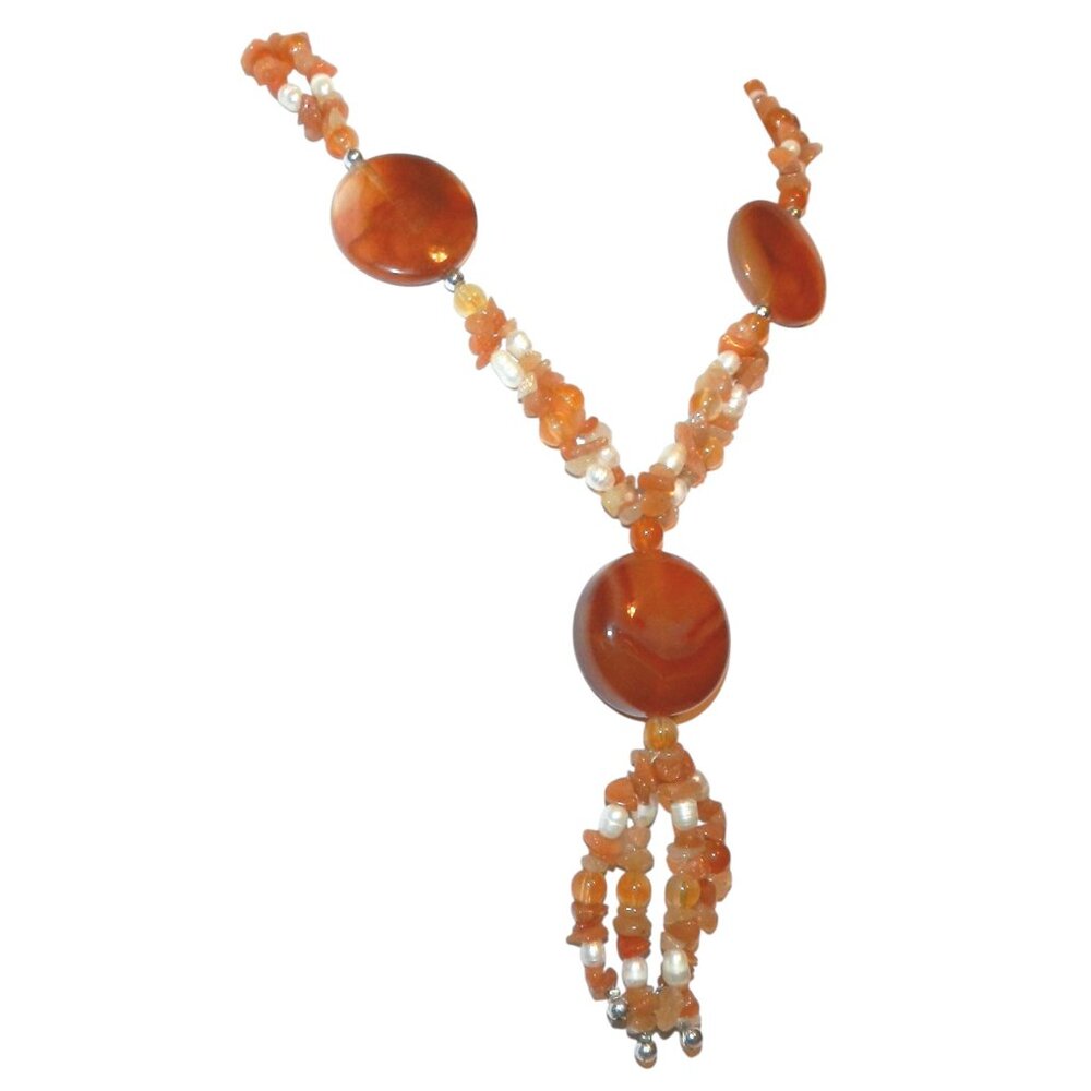 FN231 Red Agate & Pearl Gemstone Necklace w Silver-Brass Lobster Clasp 21"